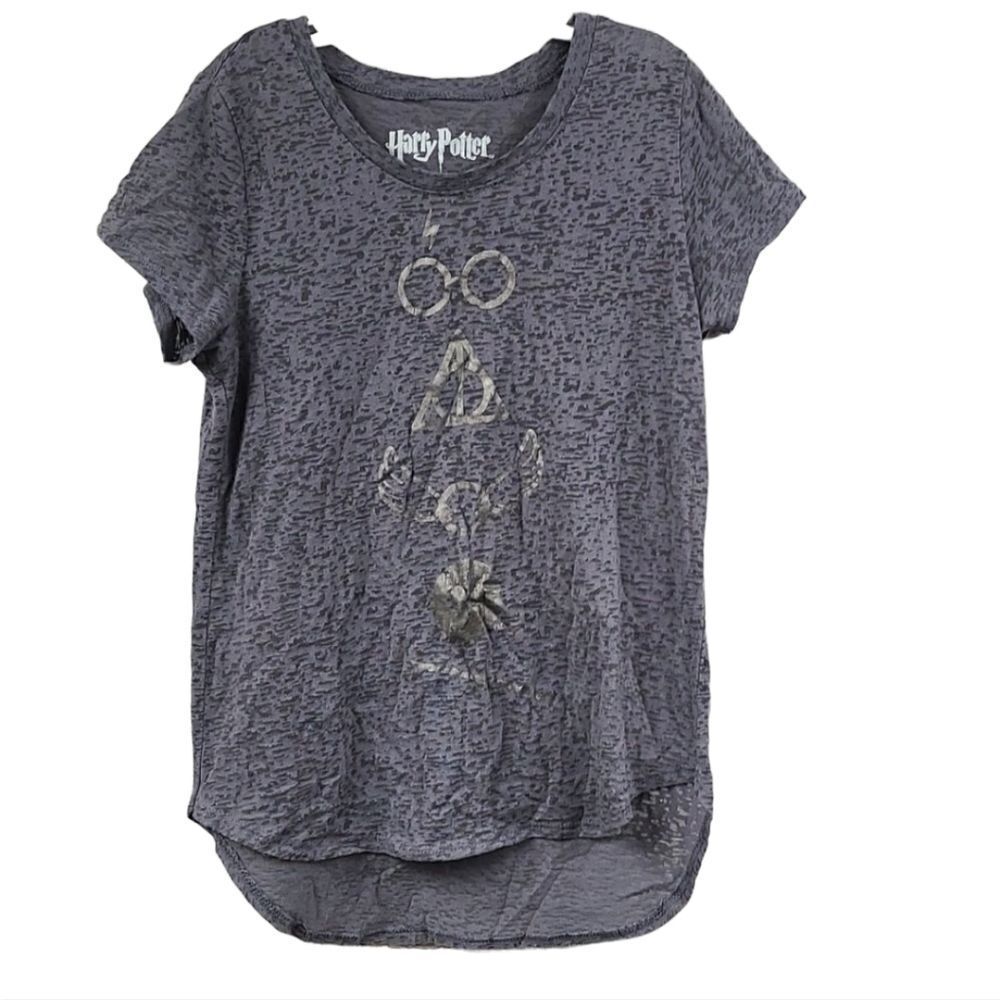 Girls Harry Potter Gray Burnout Tee Deathly Hallows, Glasses, snitch, Wand L/14